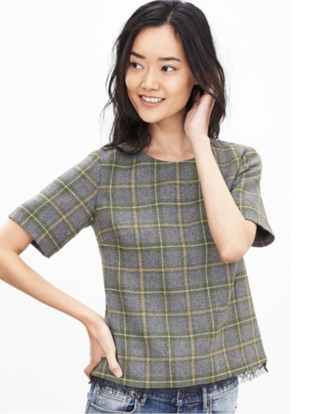Banana Republic Plaid Wool Lace Trim Top Extra Small Petite